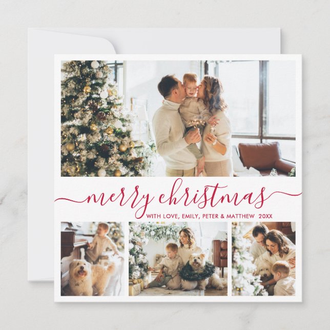 Modern Red Script 4 Photo Collage Christmas Holiday Card (Front)