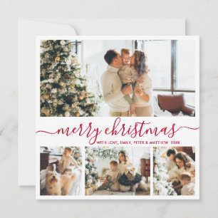 Modern Red Script 4 Photo Collage Christmas Holiday Card