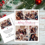 Modern Red Script 5 Photo Collage Christmas  Postcard<br><div class="desc">Elegant, Modern 5 Photo Collage Holiday Red Script Christmas Family Photo Postcards. This festive, minimalist, whimsical five (5) photo holiday greeting card template features a pretty grid photo collage and says „Merry Christmas”! The „Merry Christmas” greeting text is written in a beautiful hand lettered swirly swash-tail red font script on...</div>