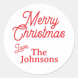 Modern Red Script Custom Name Merry Christmas Classic Round Sticker