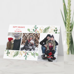 Modern Red Script Green Foliage Floral Festive Holiday Card