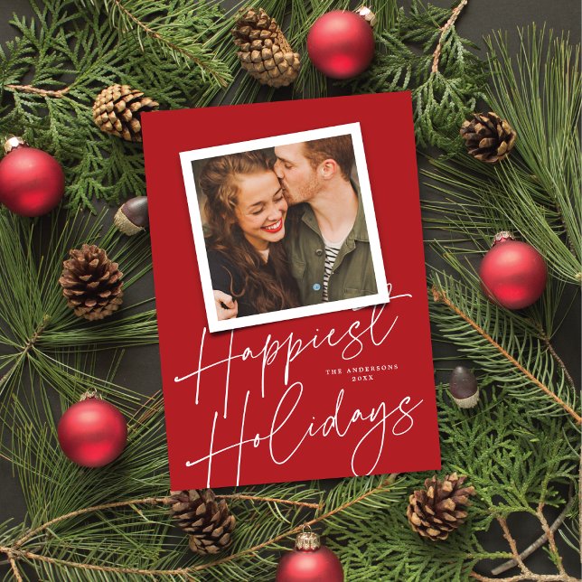 Modern Red Script Happiest Holidays Photo Card (Creator Uploaded)