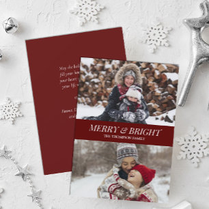 Modern Red Script Merry Bright Christmas Photo Holiday Card