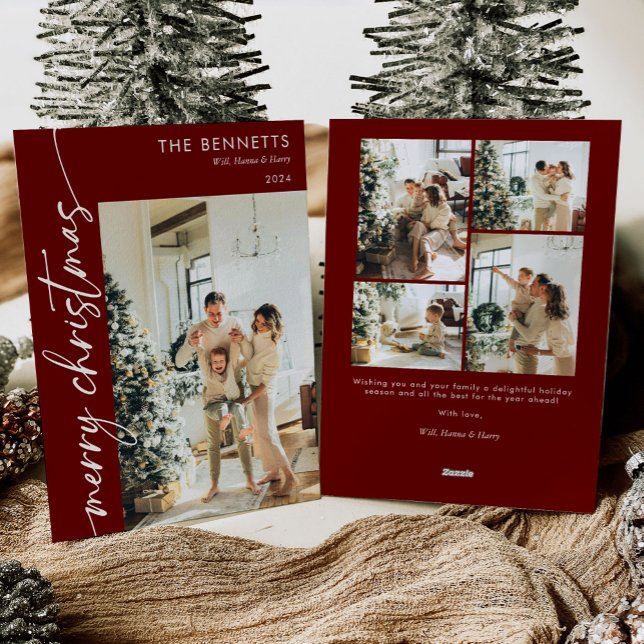Modern Red Script Merry Christmas 5 Photo Holiday Card (Creator Uploaded)