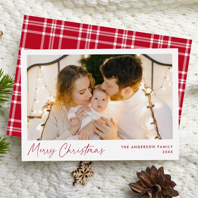 Modern Red Script Merry Christmas Photo Holiday Card (Creator Uploaded)