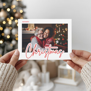 Modern Red Script Merry Christmas Photo Postcard