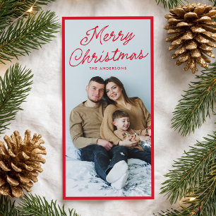 Modern Red Script Merry Christmas Tall Photo Holiday Card