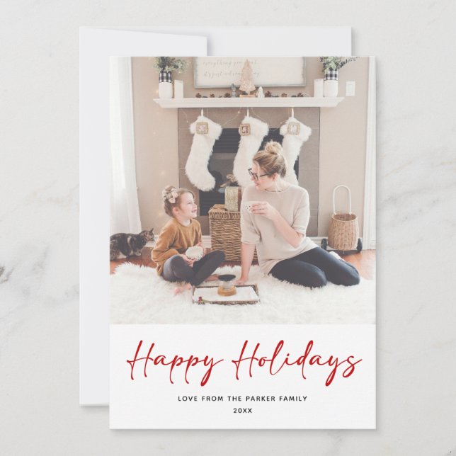 Modern Red Script Minimalist Photo Christmas Holiday Card (Front)