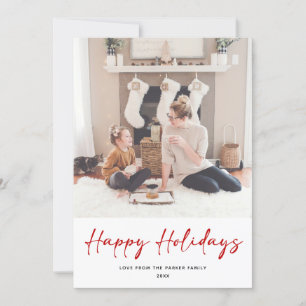 Modern Red Script Minimalist Photo Christmas Holiday Card