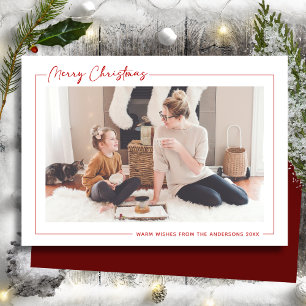 Modern Red Script Minimalist Photo Christmas Holiday Card