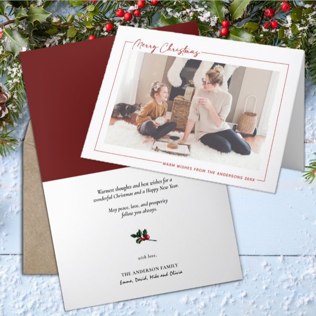Modern Red Script Minimalist Photo Christmas Holiday Card (Creator Uploaded)