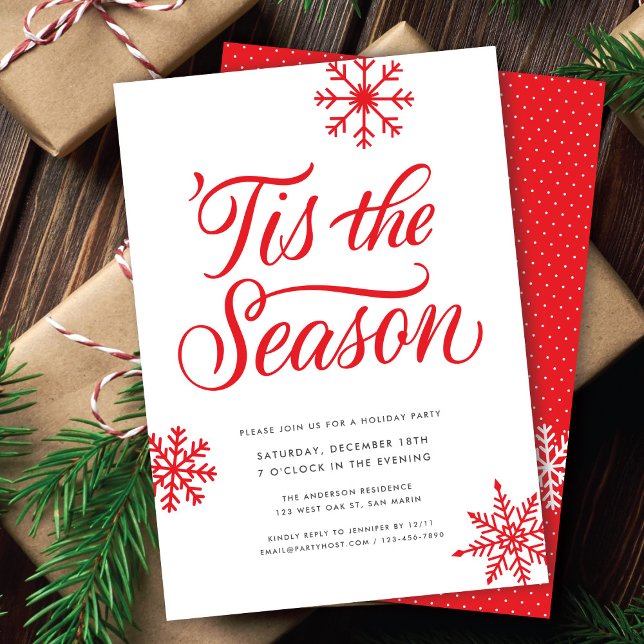 Modern Red Script 'Tis The Season Christmas Party Invitation (Creator Uploaded)