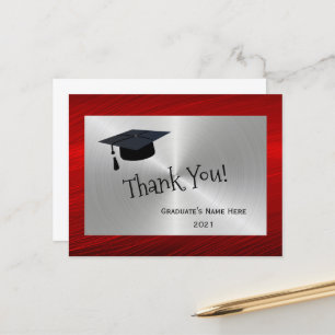 Modern Red Silver Cap Thank You Graduation Postcard