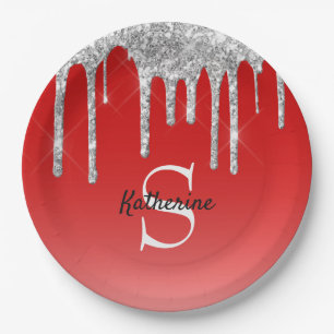 Modern Red Silver Glitter Drips Monogram Paper Plate