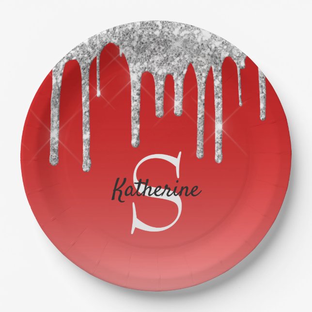 Modern Red Silver Glitter Drips Monogram Paper Plate (Front)