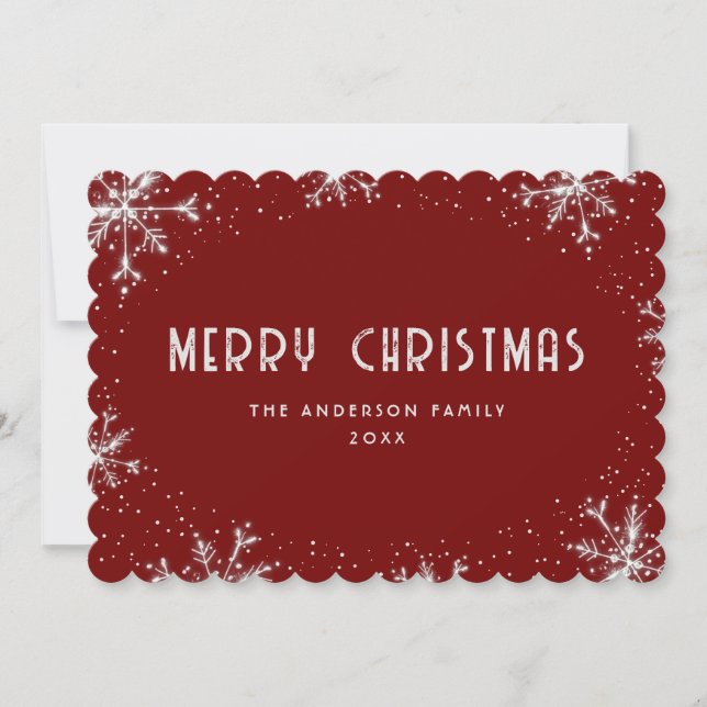 Modern Red Silver Snowflake Snow Christmas Card (Front)