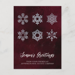 Modern Red Silver Snowflakes Business Holiday Postcard