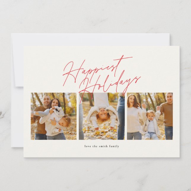modern red simple 4 photo collage happy holiday card (Front)
