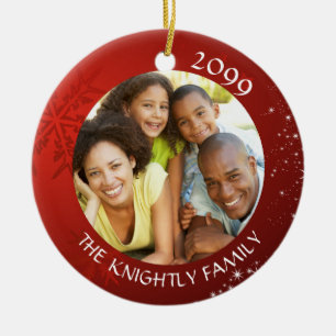 Modern Red Snowflake 2 Photo Family Name Ceramic Tree Decoration