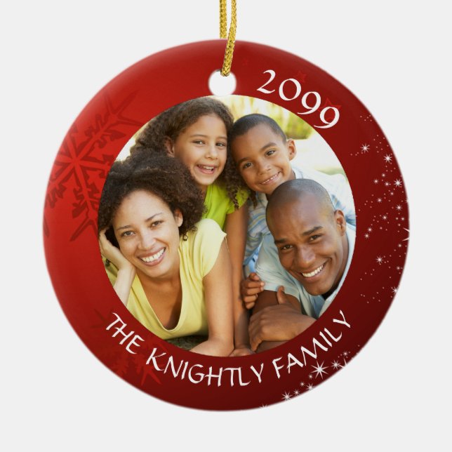Modern Red Snowflake 2 Photo Family Name Ceramic Tree Decoration (Front)