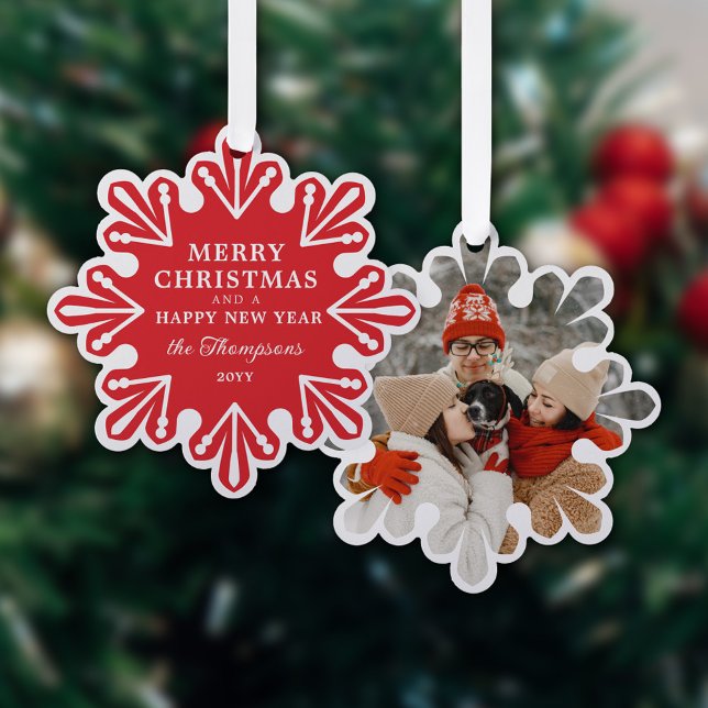Modern Red Snowflake Merry Christmas Photo Tree Decoration Card (Creator Uploaded)