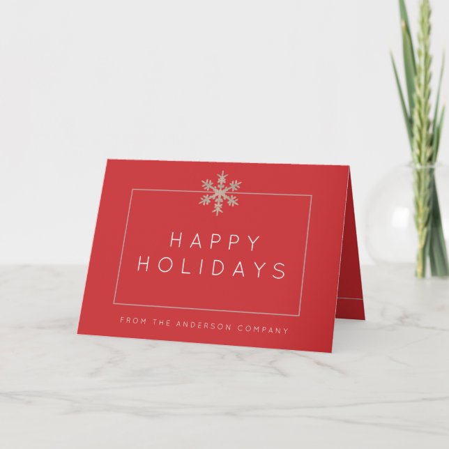 Modern Red Snowflake Rustic Wood Corporate Holiday Card (Front)