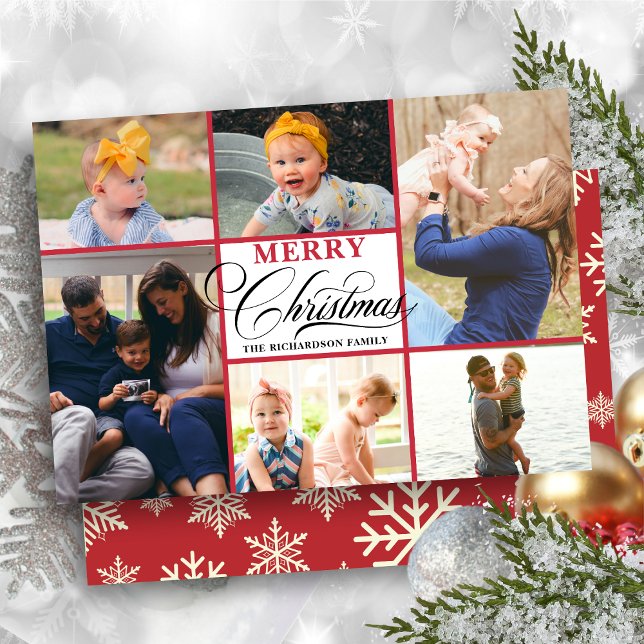 Modern Red Snowflakes Elegant Script Photo Collage Holiday Card (Creator Uploaded)