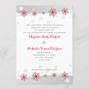 Modern red snowflakes & silver grey stars wedding invitation