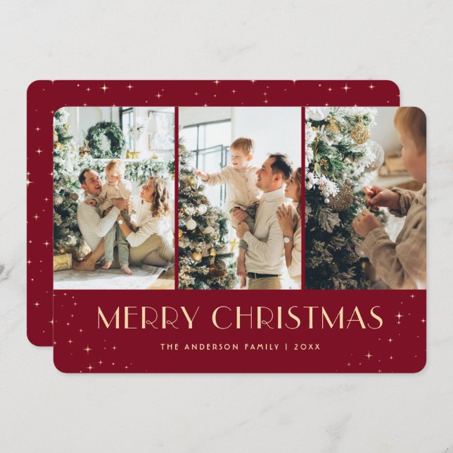 Modern Red Starry Night Photo Christmas Card (Front/Back)