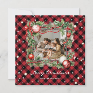 Modern Red Starry Photo Merry Christmas Card