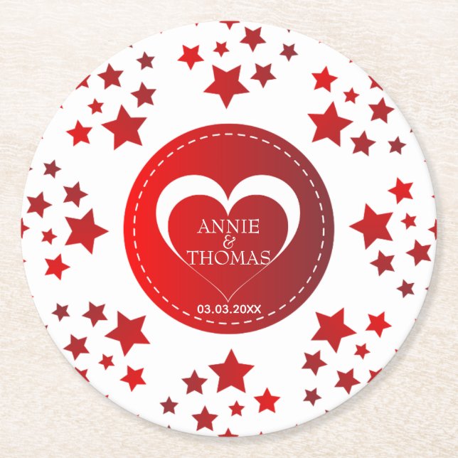 Modern Red Stars And Heart Round Paper Coaster (Front)