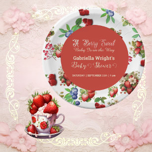 Modern Red Strawberry Blue Berry Sweet Baby Shower Paper Plate