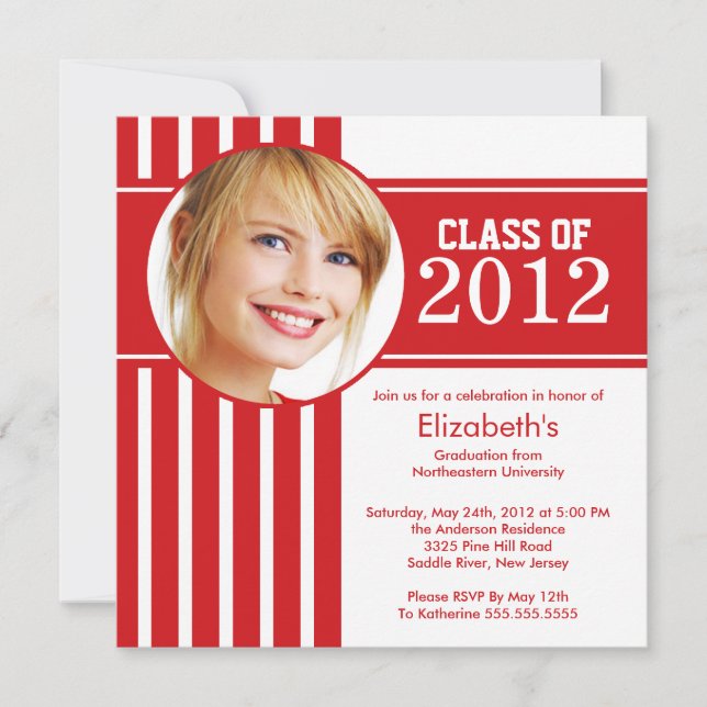 Modern Red Stripe Photo Graduation Party Invitation (Front)