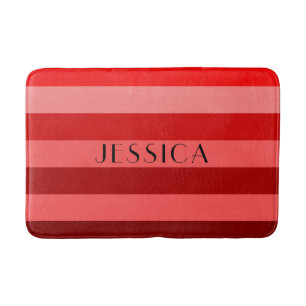 Modern Red Striped Pattern Name Bath Mat