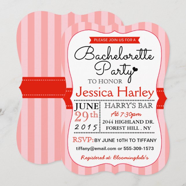 Modern Red Stripes Bachelorette Party Invitation (Front/Back)