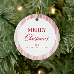 Modern Red Stripes Christmas Family Photo Ceramic Tree Decoration