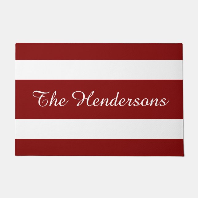 Modern Red Stripes Family Name Doormat (Front)