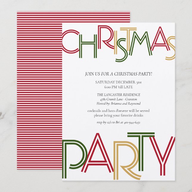 Modern Red Stripes Green Gold Christmas Party  Invitation (Front/Back)