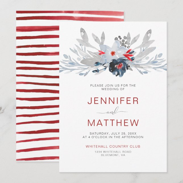 Modern Red Stripes Navy Red Grey Floral Wedding | Invitation (Front/Back)