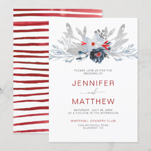 Modern Red Stripes Navy Red Grey Floral Wedding   Invitation