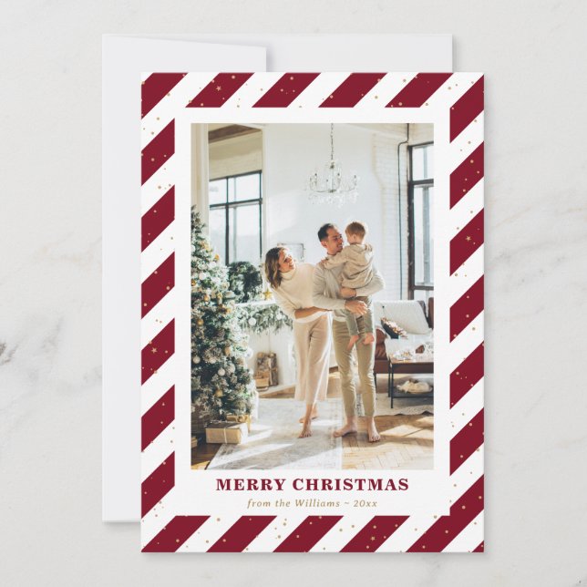 Modern Red Stripes Snow Photo Merry Christmas Card (Front)