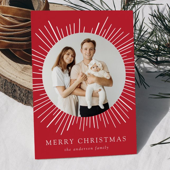 Modern Red Sunburst Merry Christmas 2 Photo Holiday Card (Creator Uploaded)