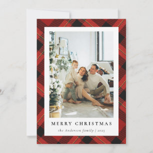 Modern Red Tartan Plaid & Family Photo Christmas Holiday Card