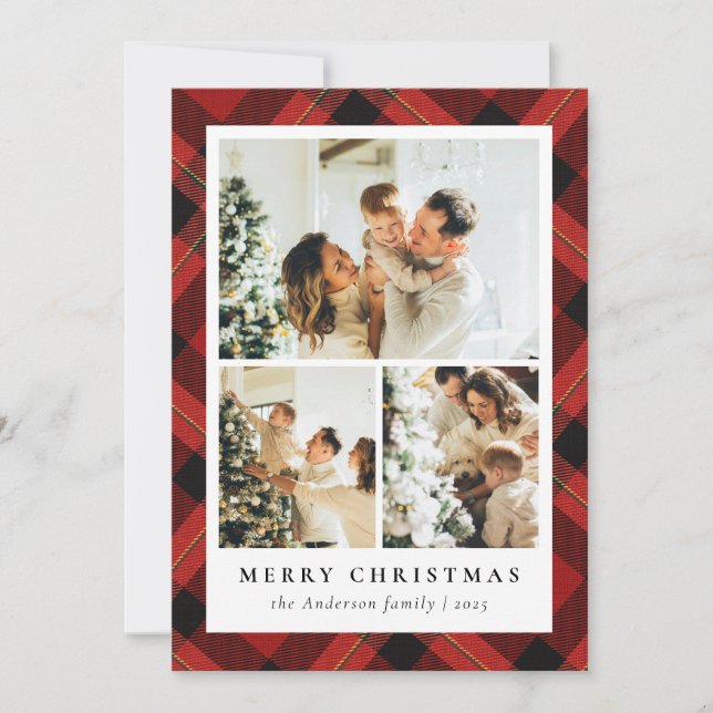Modern Red Tartan Plaid & Photo Collage Christmas Holiday Card (Front)