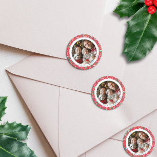 Modern Red & Teal Bone Pattern Dog Family Photo Classic Round Sticker