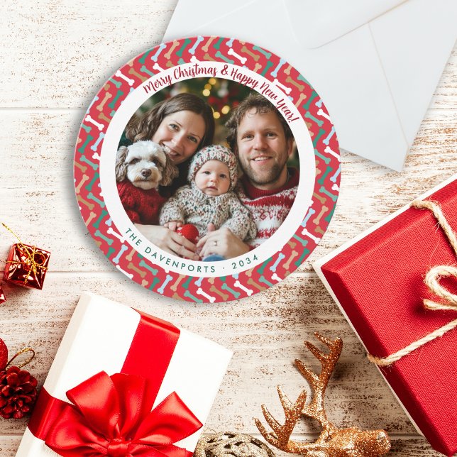 Modern Red & Teal Dog Bone Pattern Family Photo Holiday Card (Modern Red & Teal Dog Bone Pattern Family Photo Holiday Card)