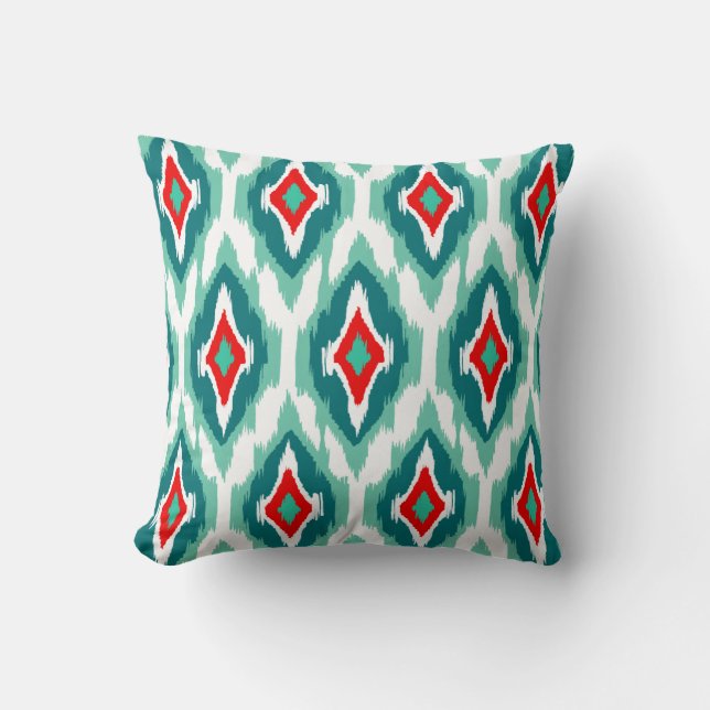 Modern red teal turquoise Ikat Tribal Pattern 1a Cushion (Front)