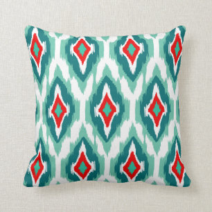 Modern red teal turquoise Ikat Tribal Pattern 1a Cushion