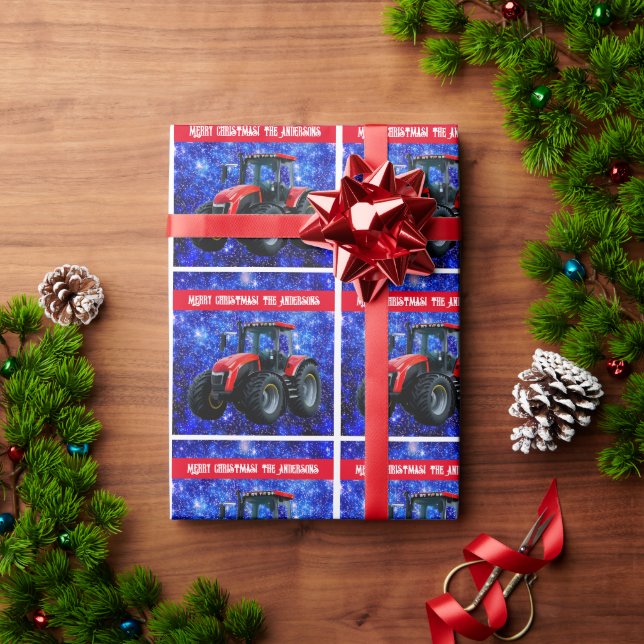 Modern Red Tractor on Blue Wrapping Paper (Holiday Gift)