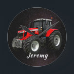 Modern Red Tractor  Round Clock<br><div class="desc">A farmer's favourite red tractor is over a starry background on this fun design.</div>